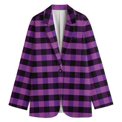 Dark Purple Check Pattern Print Women's Cotton Blazer