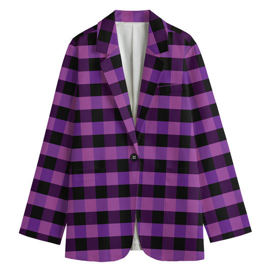 Dark Purple Check Pattern Print Women's Cotton Blazer