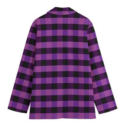 Dark Purple Check Pattern Print Women's Cotton Blazer
