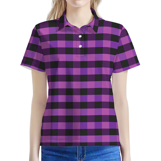 Dark Purple Check Pattern Print Women's Polo Shirt