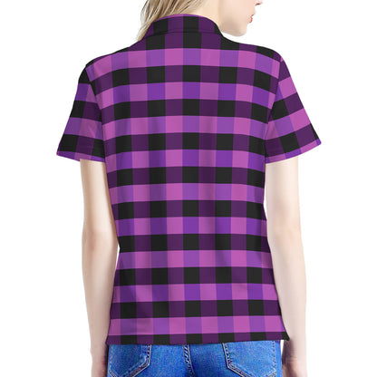 Dark Purple Check Pattern Print Women's Polo Shirt