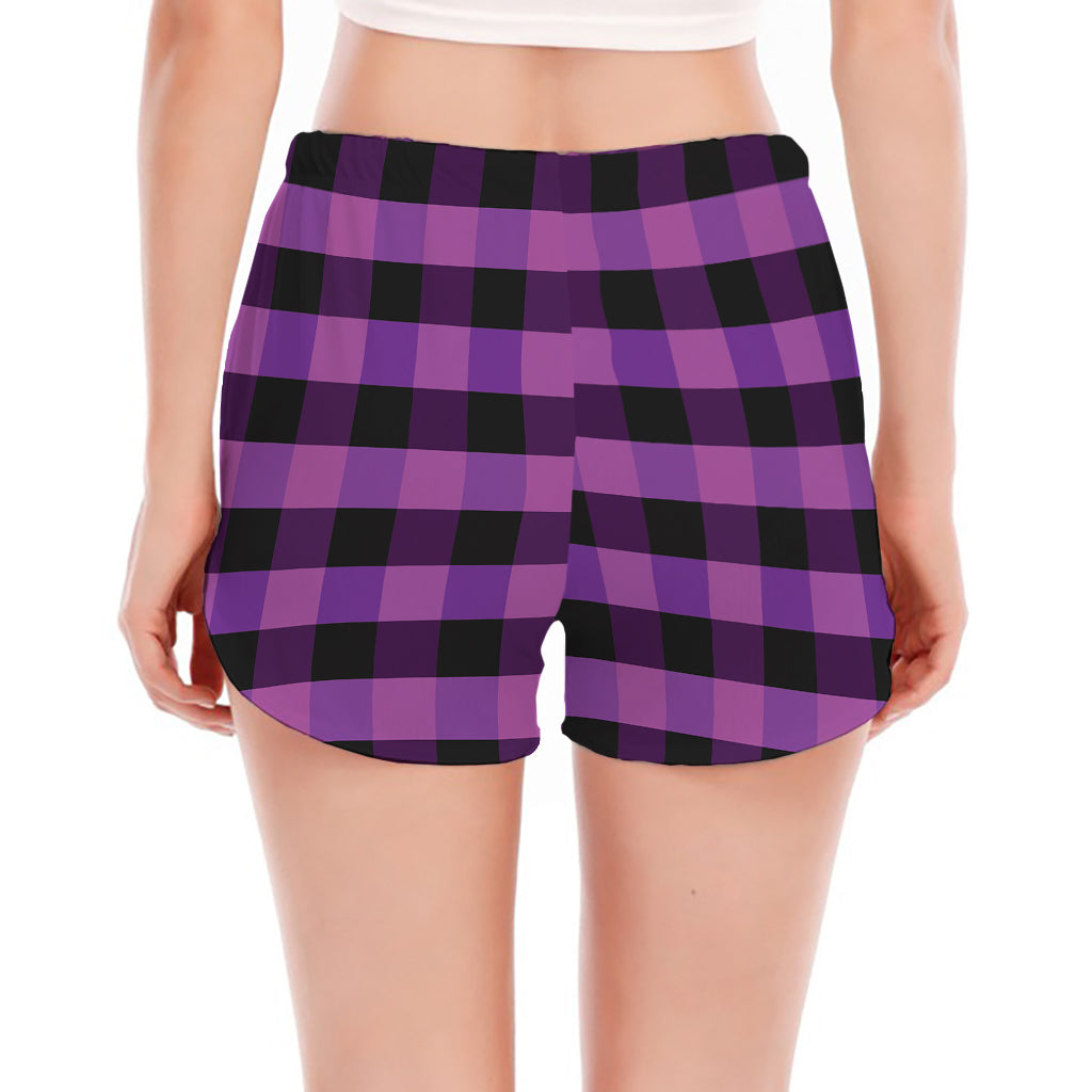 Dark Purple Check Pattern Print Women's Split Running Shorts