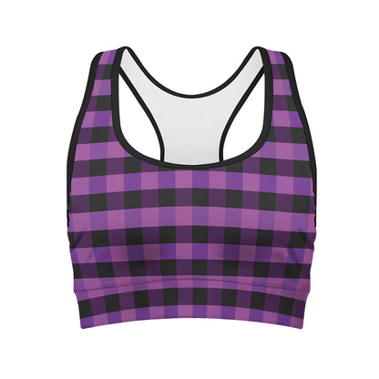 Dark Purple Check Pattern Print Women's Sports Bra