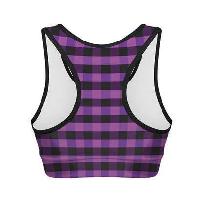 Dark Purple Check Pattern Print Women's Sports Bra