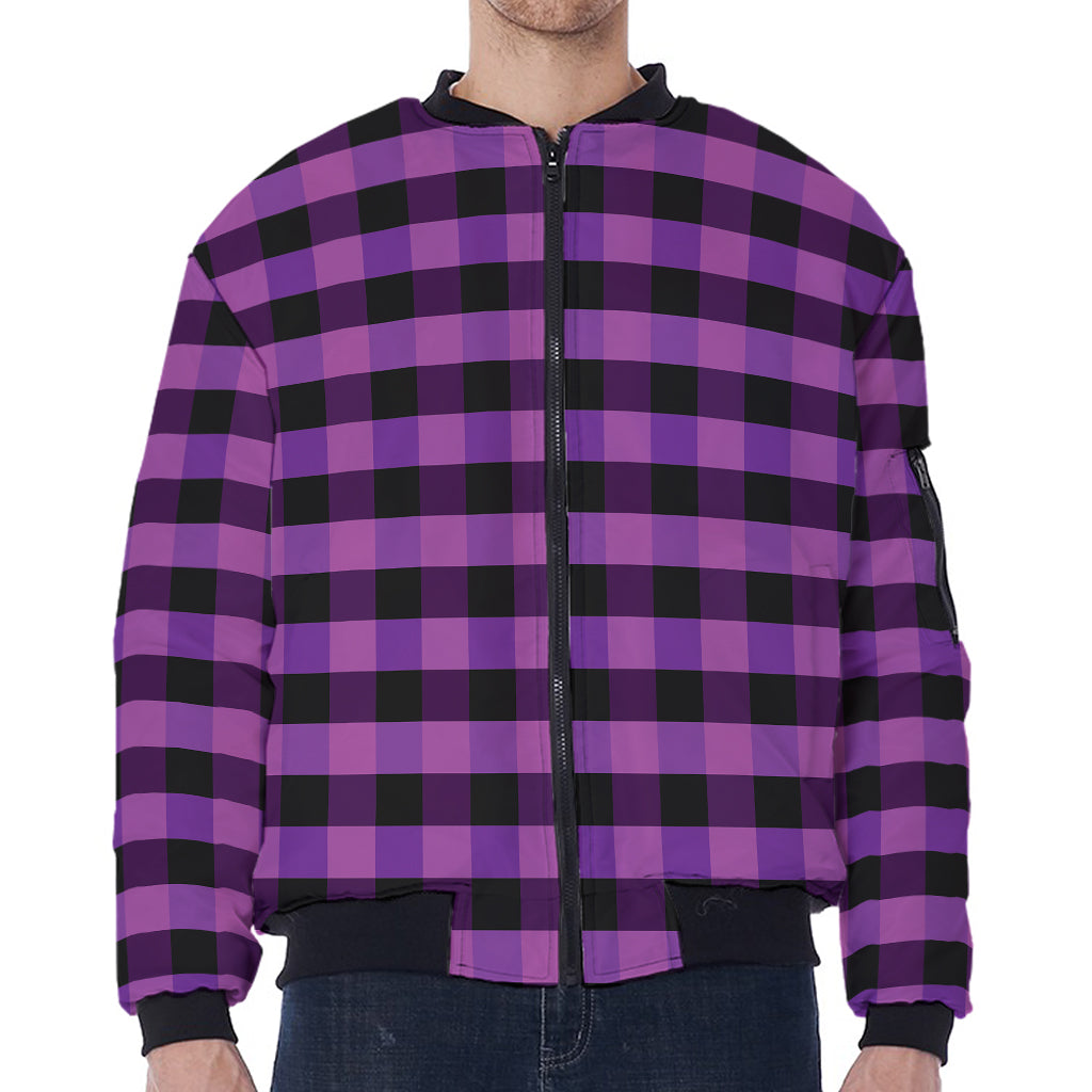 Dark Purple Check Pattern Print Zip Sleeve Bomber Jacket