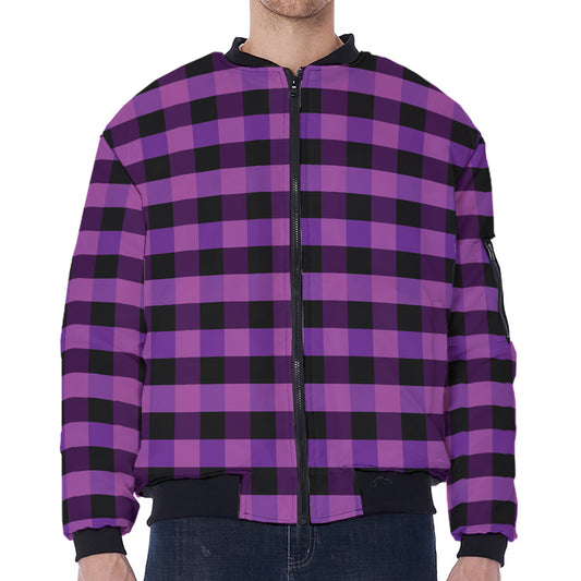 Dark Purple Check Pattern Print Zip Sleeve Bomber Jacket