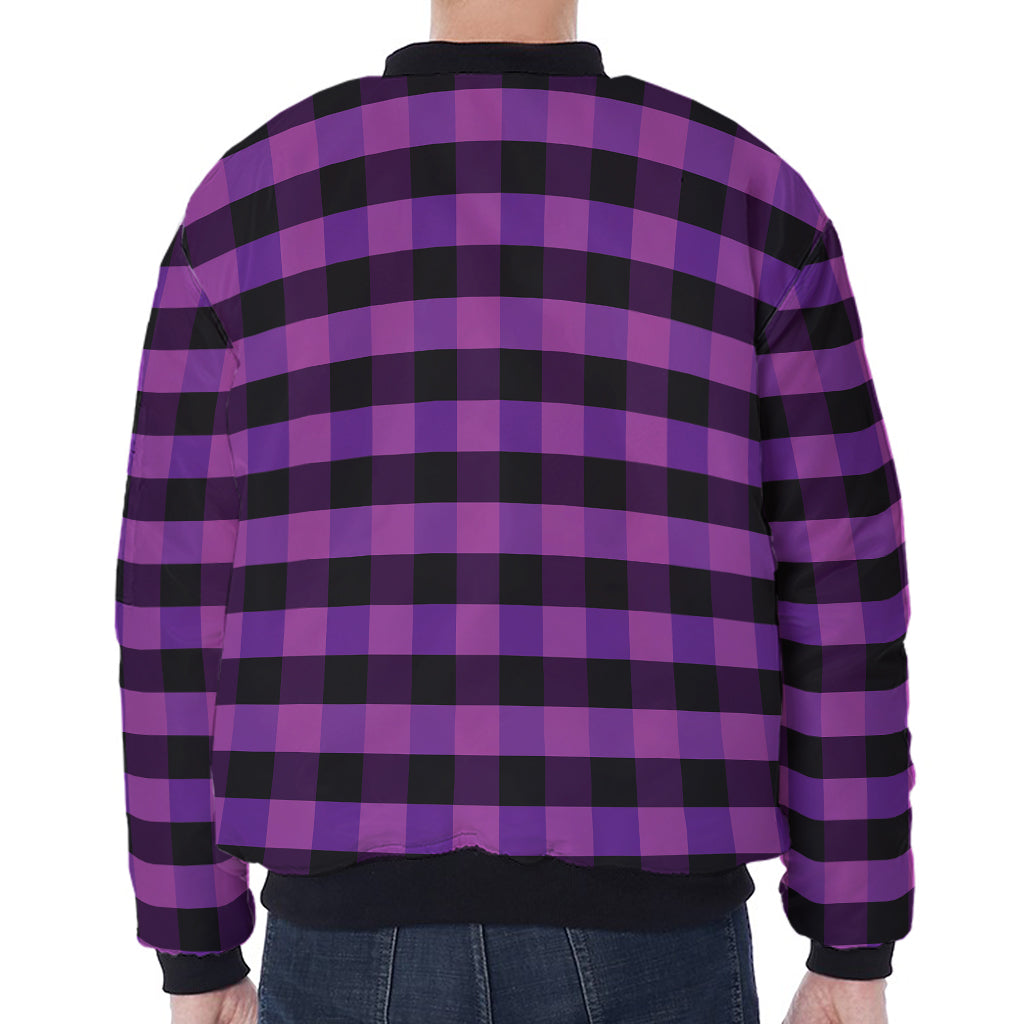 Dark Purple Check Pattern Print Zip Sleeve Bomber Jacket