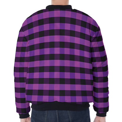 Dark Purple Check Pattern Print Zip Sleeve Bomber Jacket