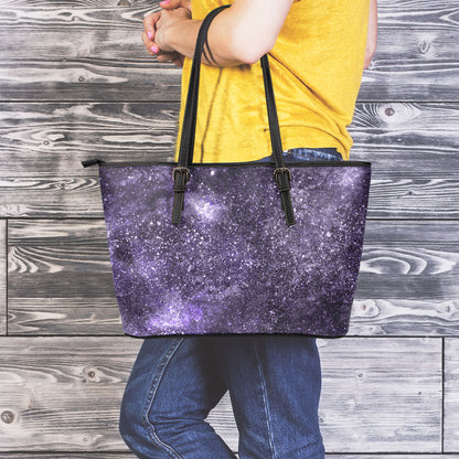 Dark Purple Cosmos Galaxy Space Print Leather Tote Bag