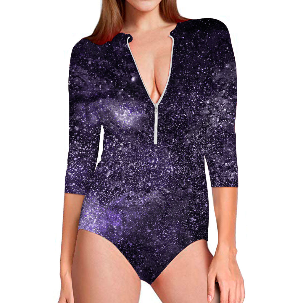 Dark Purple Cosmos Galaxy Space Print Long Sleeve Swimsuit