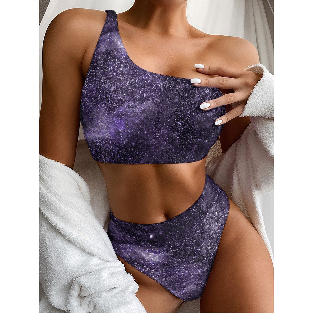 Dark Purple Cosmos Galaxy Space Print One Shoulder Bikini Top