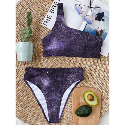 Dark Purple Cosmos Galaxy Space Print One Shoulder Bikini Top