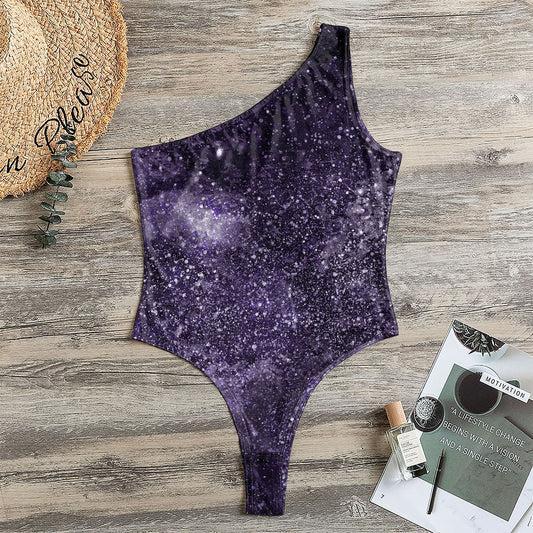 Dark Purple Cosmos Galaxy Space Print One Shoulder Bodysuit