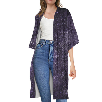 Dark Purple Cosmos Galaxy Space Print Open Front Beach Cover Up