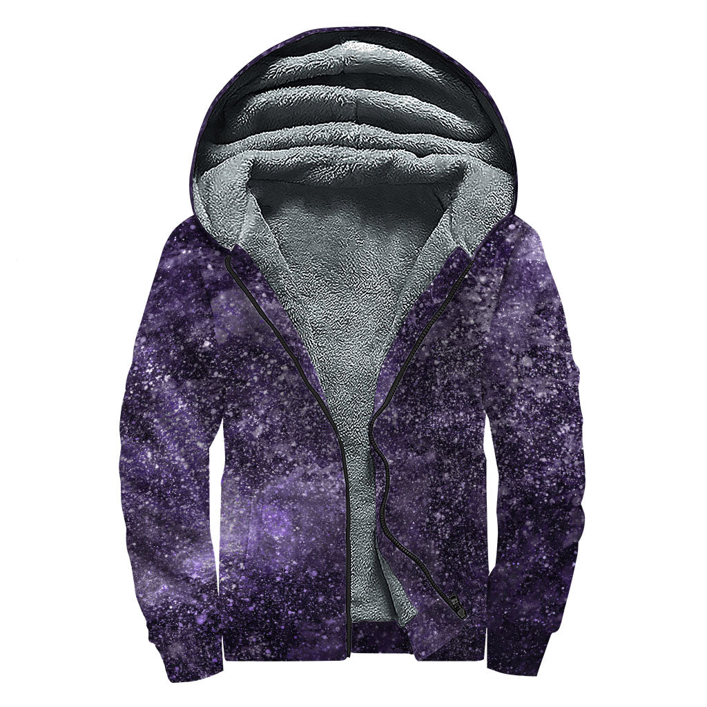 Dark Purple Cosmos Galaxy Space Print Sherpa Lined Zip Up Hoodie