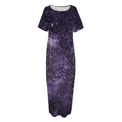 Dark Purple Cosmos Galaxy Space Print Short Sleeve Long Nightdress