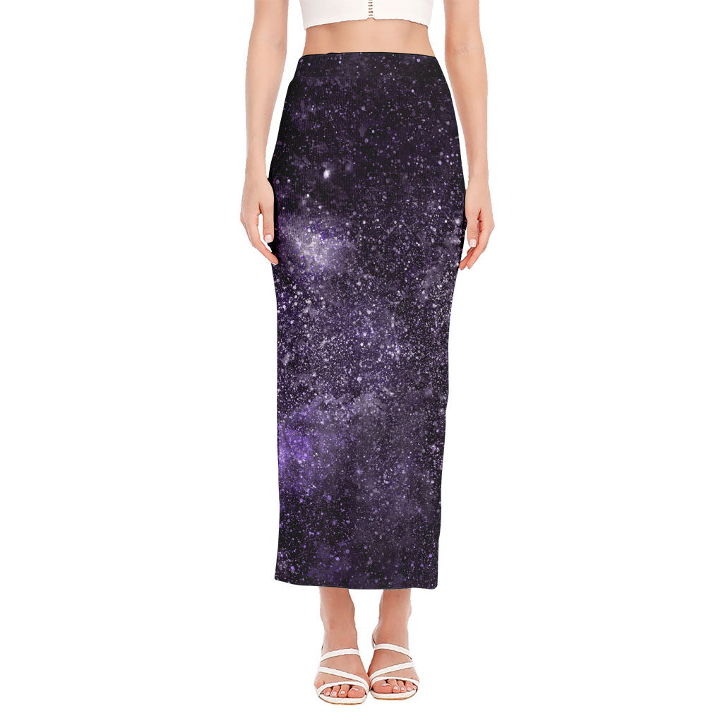 Dark Purple Cosmos Galaxy Space Print Side Slit Maxi Skirt