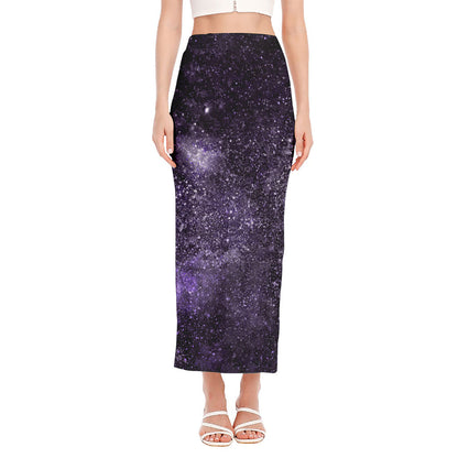 Dark Purple Cosmos Galaxy Space Print Side Slit Maxi Skirt