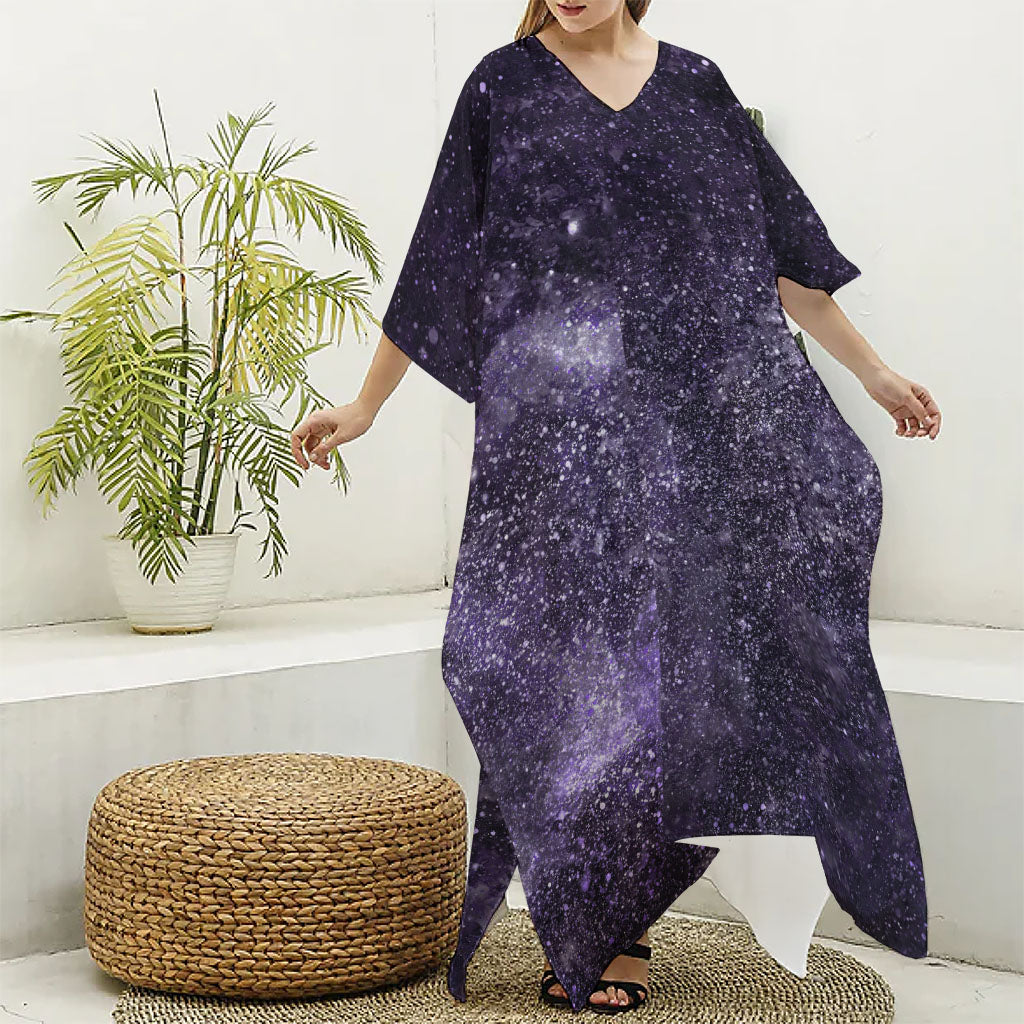 Dark Purple Cosmos Galaxy Space Print Silk V-Neck Kaftan Dress