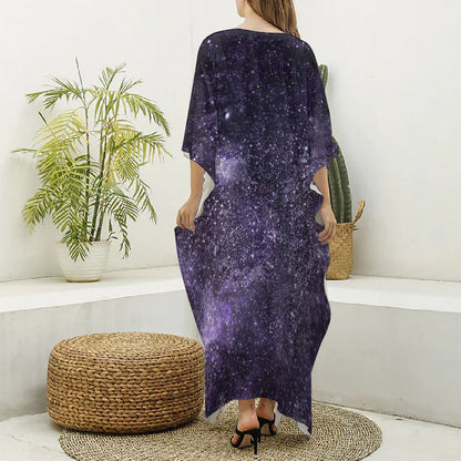 Dark Purple Cosmos Galaxy Space Print Silk V-Neck Kaftan Dress