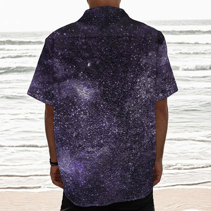 Dark Purple Cosmos Galaxy Space Print Textured Short Sleeve Shirt