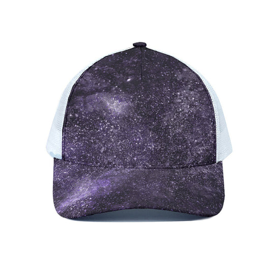 Dark Purple Cosmos Galaxy Space Print White Mesh Trucker Cap