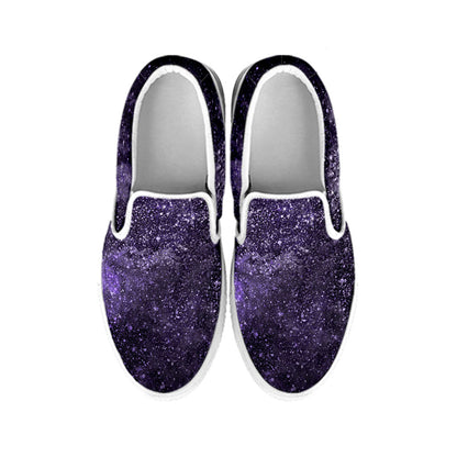 Dark Purple Cosmos Galaxy Space Print White Slip On Sneakers