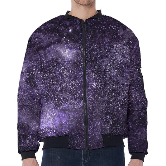 Dark Purple Cosmos Galaxy Space Print Zip Sleeve Bomber Jacket