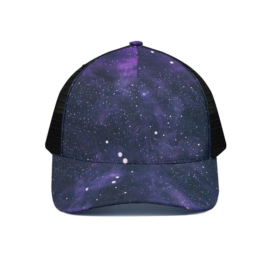 Dark Purple Galaxy Outer Space Print Black Mesh Trucker Cap