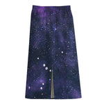 Dark Purple Galaxy Outer Space Print Cotton Front Slit Maxi Skirt