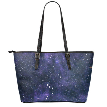 Dark Purple Galaxy Outer Space Print Leather Tote Bag