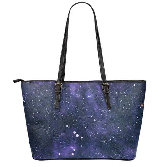 Dark Purple Galaxy Outer Space Print Leather Tote Bag