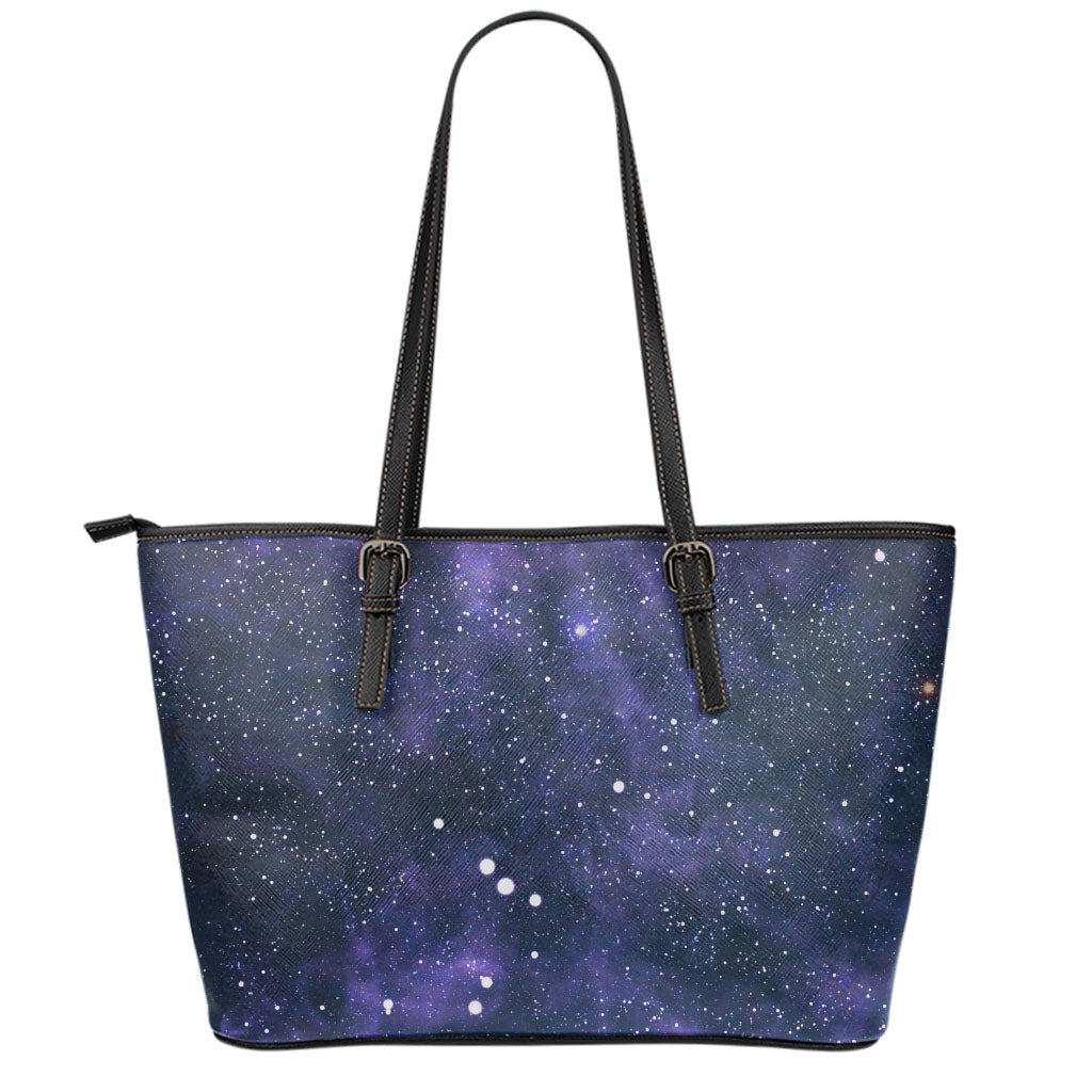 Dark Purple Galaxy Outer Space Print Leather Tote Bag