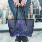 Dark Purple Galaxy Outer Space Print Leather Tote Bag