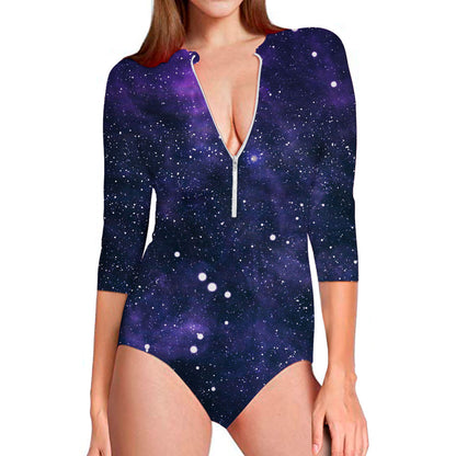 Dark Purple Galaxy Outer Space Print Long Sleeve Swimsuit