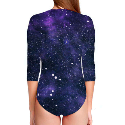 Dark Purple Galaxy Outer Space Print Long Sleeve Swimsuit