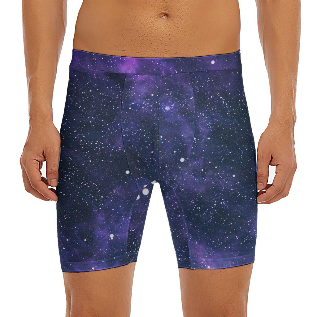 Dark Purple Galaxy Outer Space Print Men's Long Boxer Briefs