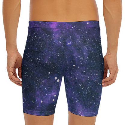 Dark Purple Galaxy Outer Space Print Men's Long Boxer Briefs