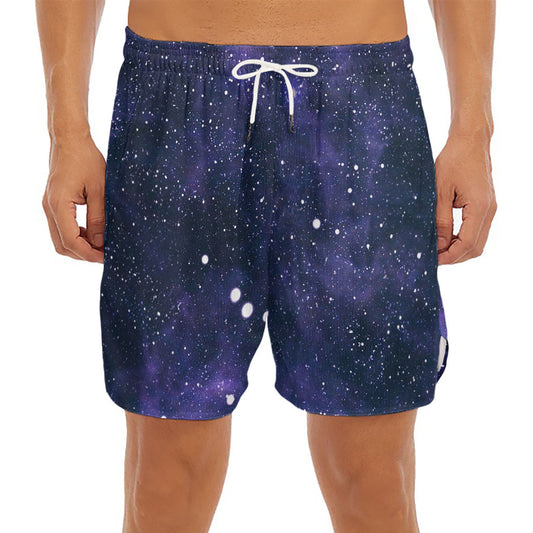 Dark Purple Galaxy Outer Space Print Men's Split Running Shorts