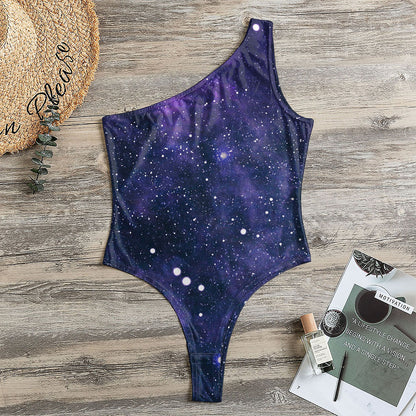 Dark Purple Galaxy Outer Space Print One Shoulder Bodysuit