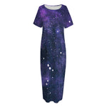 Dark Purple Galaxy Outer Space Print Short Sleeve Long Nightdress