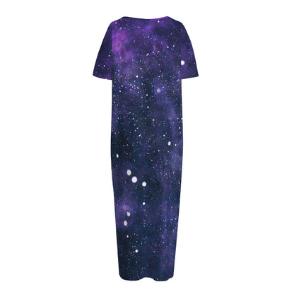 Dark Purple Galaxy Outer Space Print Short Sleeve Long Nightdress