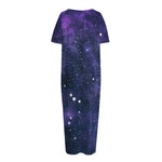 Dark Purple Galaxy Outer Space Print Short Sleeve Long Nightdress