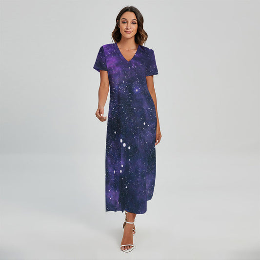 Dark Purple Galaxy Outer Space Print Short Sleeve Maxi Dress