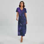 Dark Purple Galaxy Outer Space Print Short Sleeve Maxi Dress