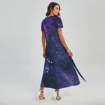 Dark Purple Galaxy Outer Space Print Short Sleeve Maxi Dress