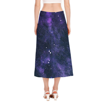 Dark Purple Galaxy Outer Space Print Side Slit Midi Skirt