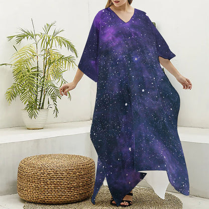 Dark Purple Galaxy Outer Space Print Silk V-Neck Kaftan Dress