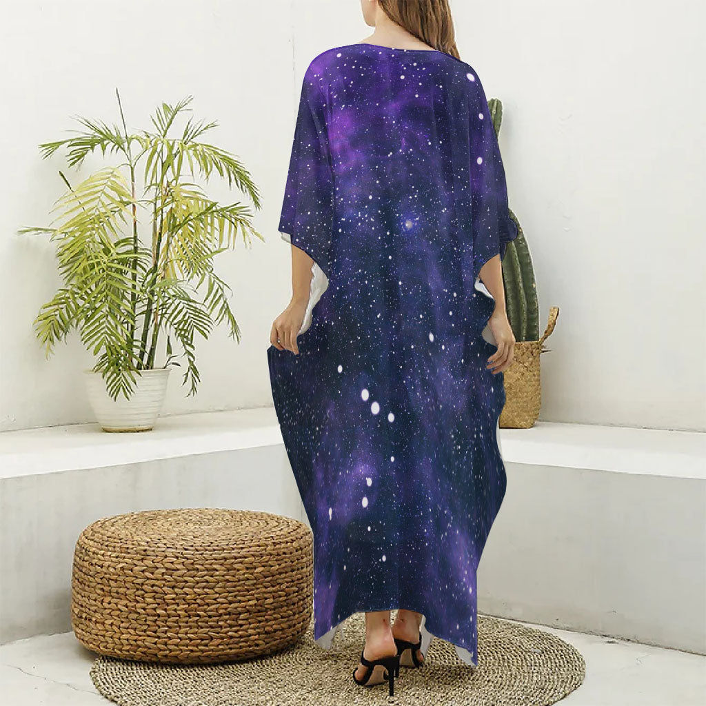 Dark Purple Galaxy Outer Space Print Silk V-Neck Kaftan Dress