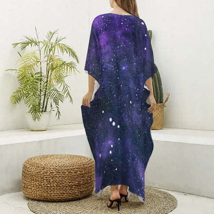 Dark Purple Galaxy Outer Space Print Silk V-Neck Kaftan Dress